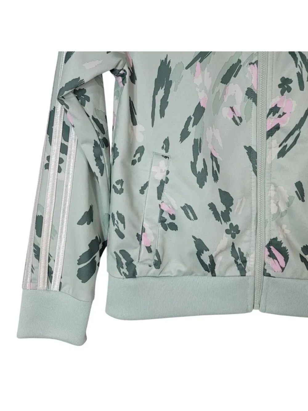 Adidas Girls Floral Track Jacket Green Medium Lightweight Ribbed Tricot Full Zip